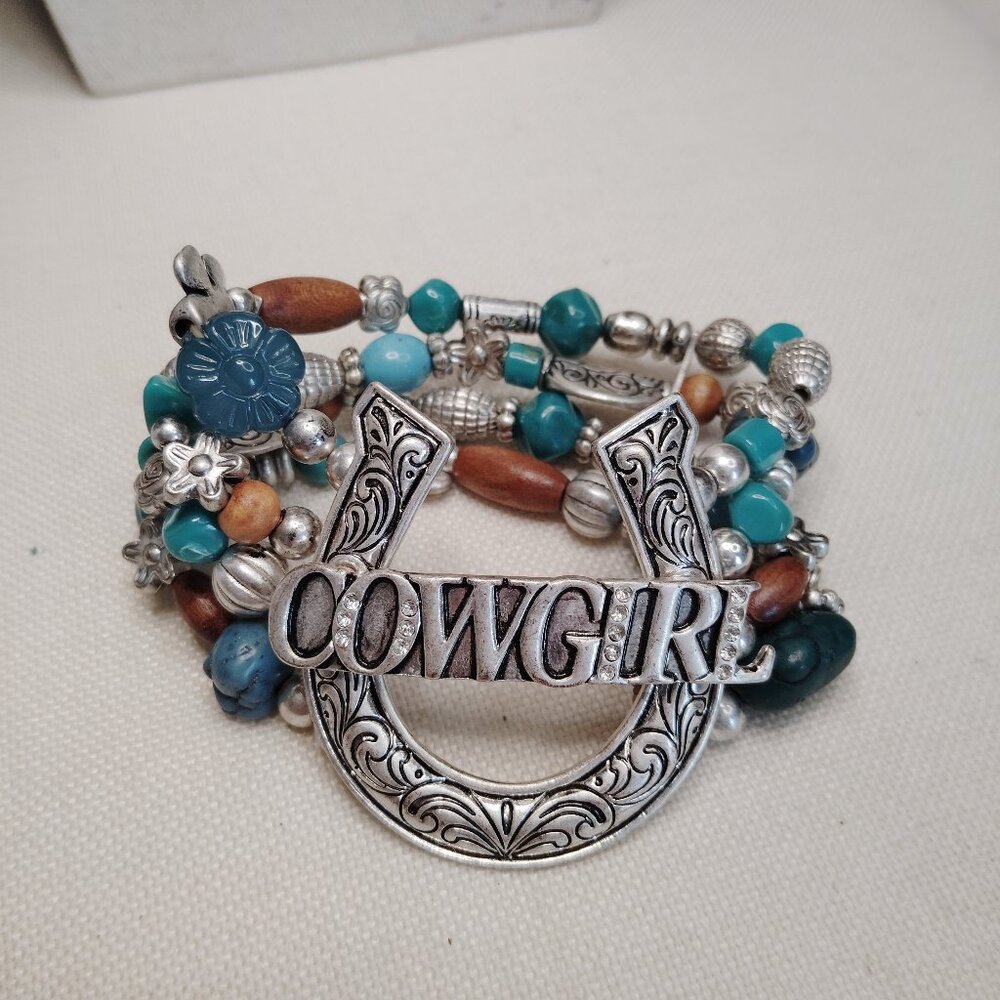 Cowgirl Horseshoe Beaded Stretch Bracelet Turquoise Silver Wood Tone 2 Inch